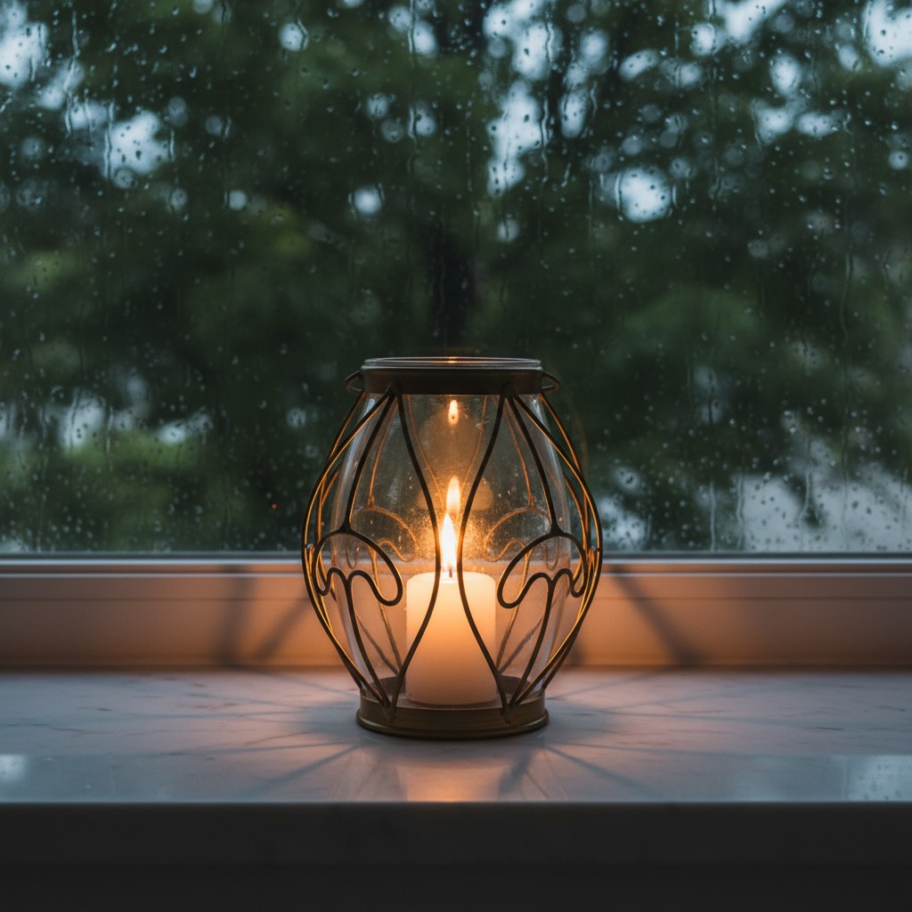a candle burns in a hurricane lantern on a granite window sill, looking out at a rainy day.