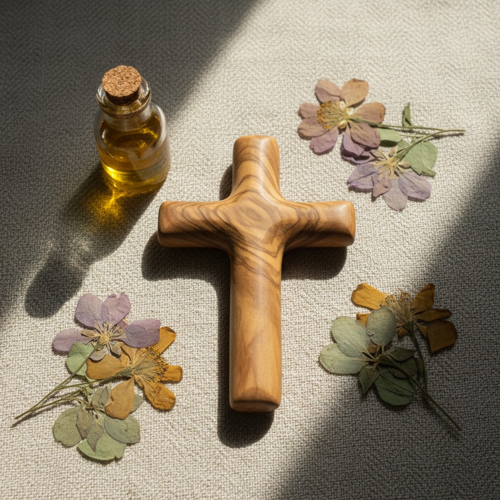a hand-carved wooden cross, a small bottle of oil, and dried flowers on a cream-coloured fabric surface.