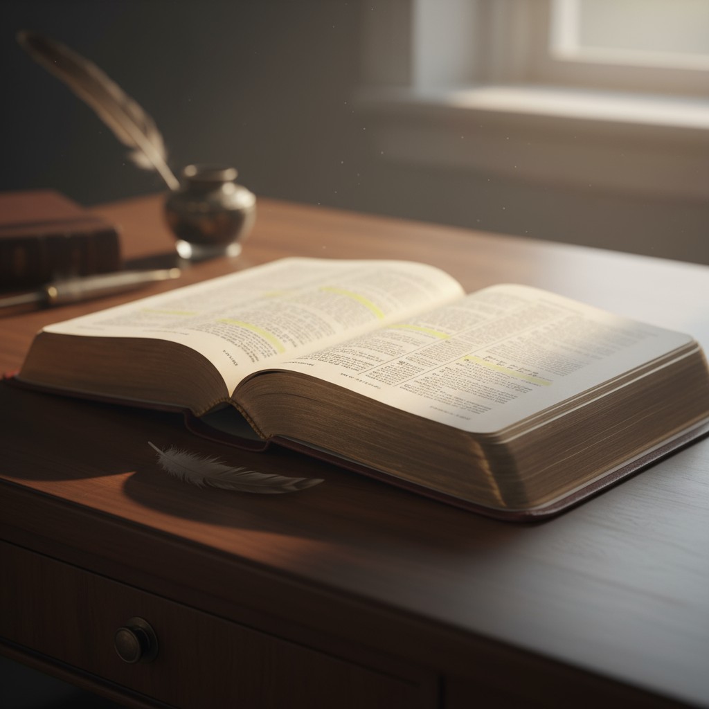 A large open Bible on a brown desk. Beneath the Bible lies a feather, with other office supplies in the background.