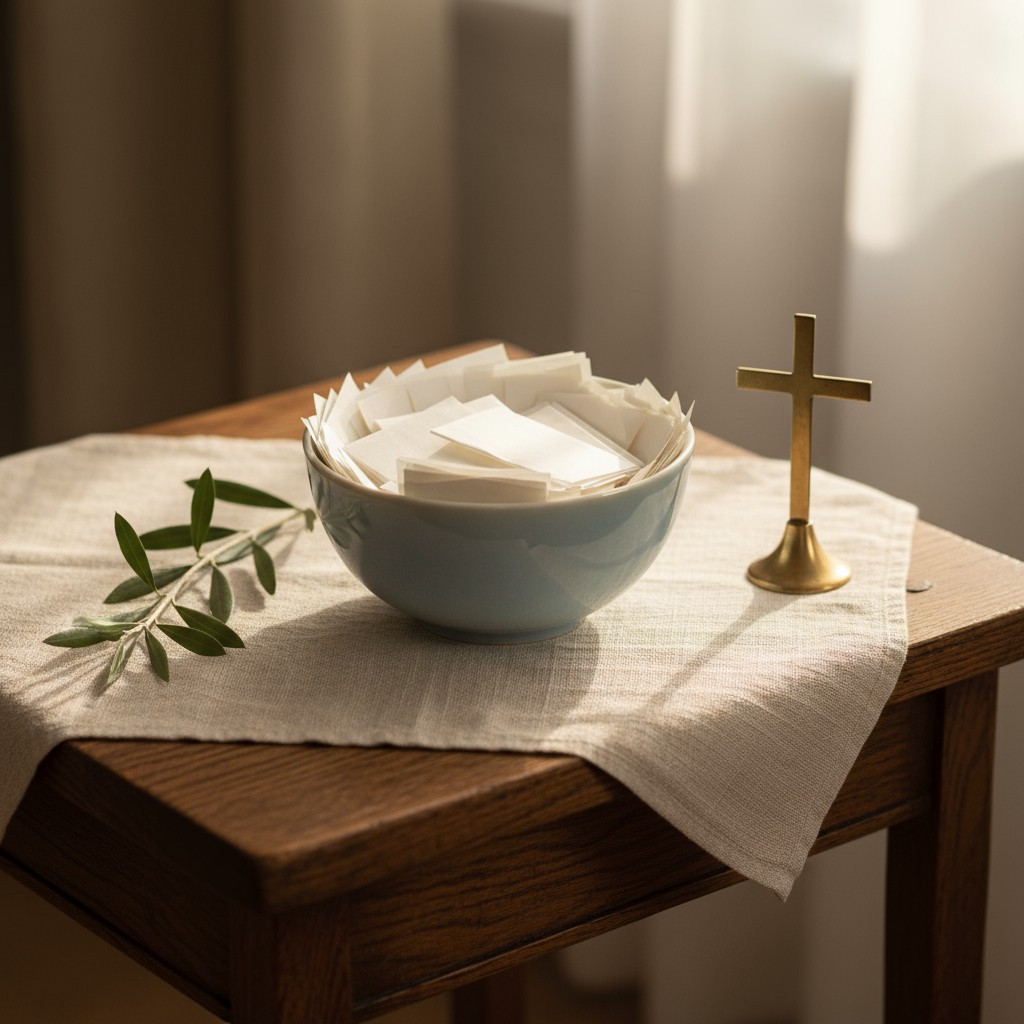 A bowl of small, white, rectangular papers surrounded by a stack of papers sits on a table next to a brass cross and a bra...